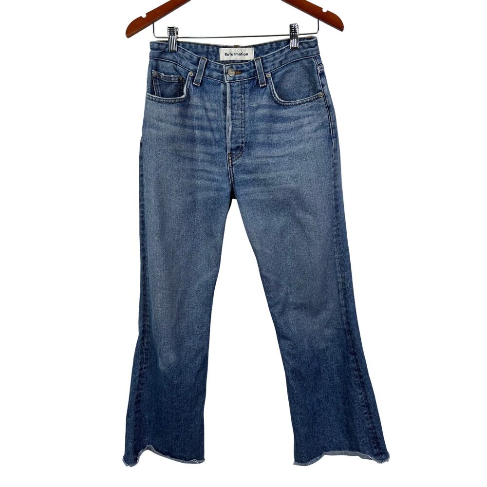 Reformation Mid Crop Flare Raw Hem Button Fly Jeans Baltic Size 28 - Picture 3 of 10